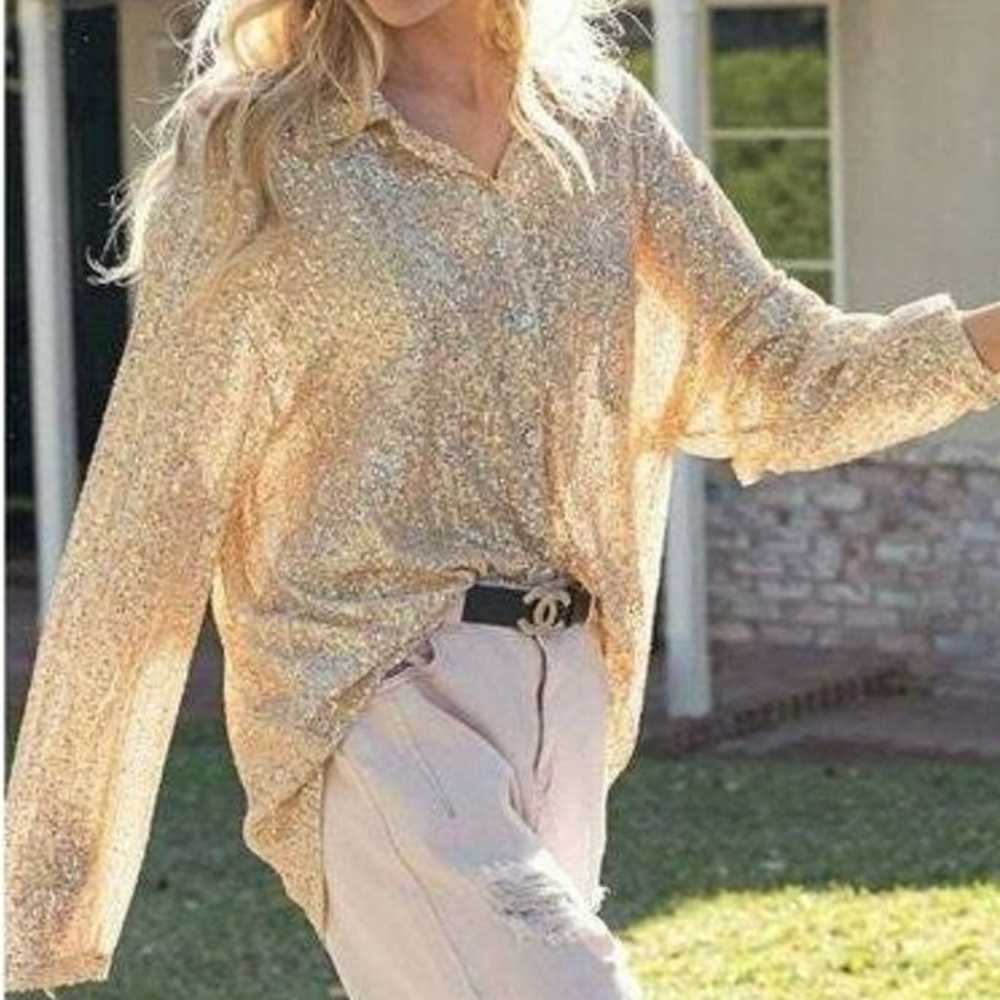Pol Dazzle Me Sequin Christmas Holiday Button Down Gold Shirt Size M NWT